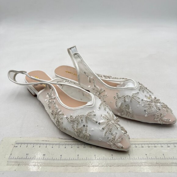 White Mesh Pearl Bridal Slingback Pump Pointed Toe Slip On Low Heel Wedding Shoe - Picture 3 of 7